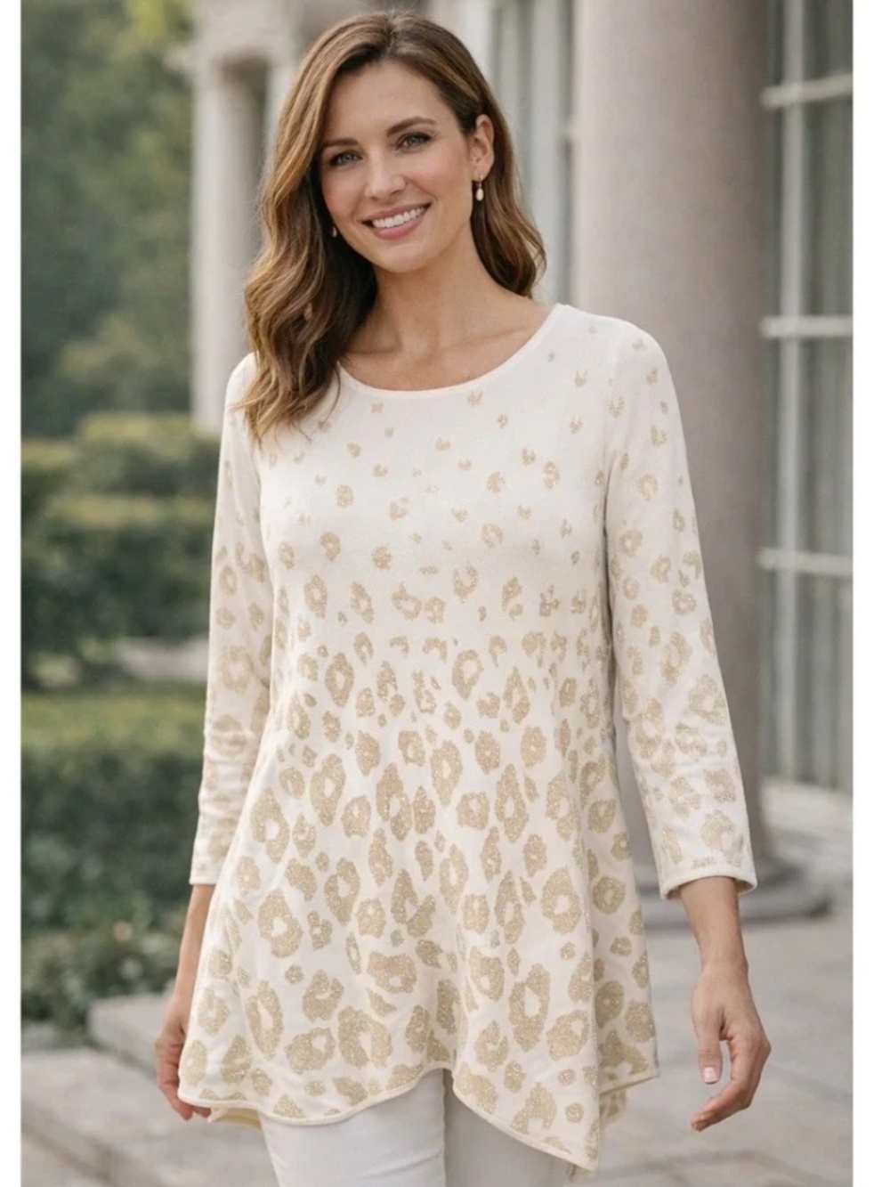 Grace Elements Gold Metallic Animal Print Tunic Sweater White Lg